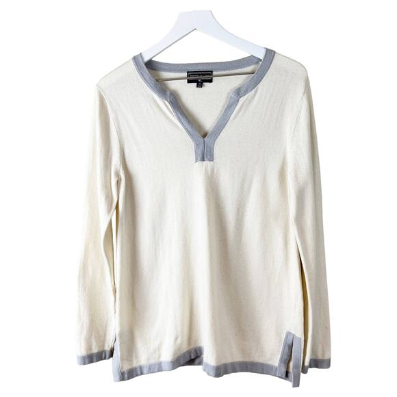 Duffield Lane Cashmere V Neck Pullover Sweater Cream‎ Gray Medium - Picture 1 of 6